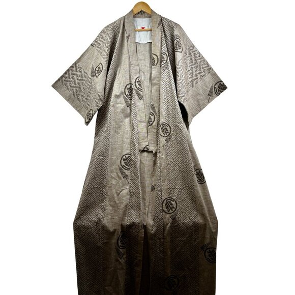 Vintage Japanese Kimono Robe Unisex Beige Linen Blend Abe Tabi Happi 54x60 - Picture 2 of 7